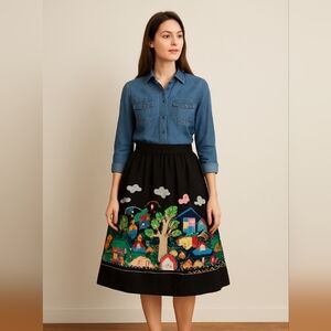 Vintage Black A-Line Skirt with Colorful Embroidery And Applique
